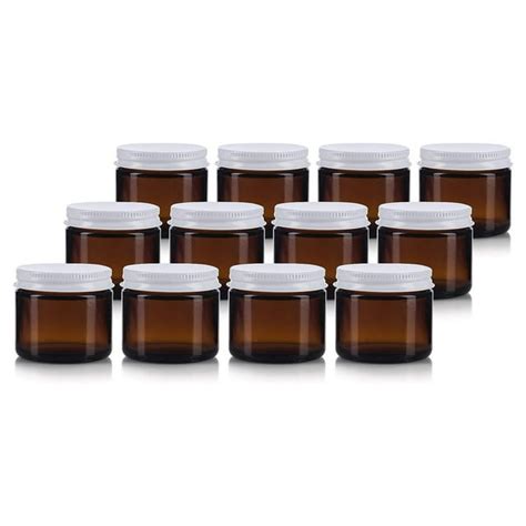 Helectqrin Amber Thick Glass Straight Sided Jar With White Metal Airtight Lid 2 Oz 60 Ml 12