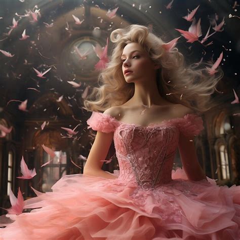 Premium AI Image Stunning Beautiful Blonde Princess With Elegant Pink Dress Style With Flower