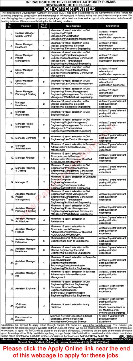 Infrastructure Development Authority Punjab Jobs 2022 IDAP Apply Online