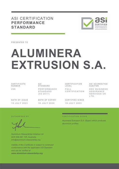 Asi Certifies Aluminera Extrusion S A Against Performance Standard