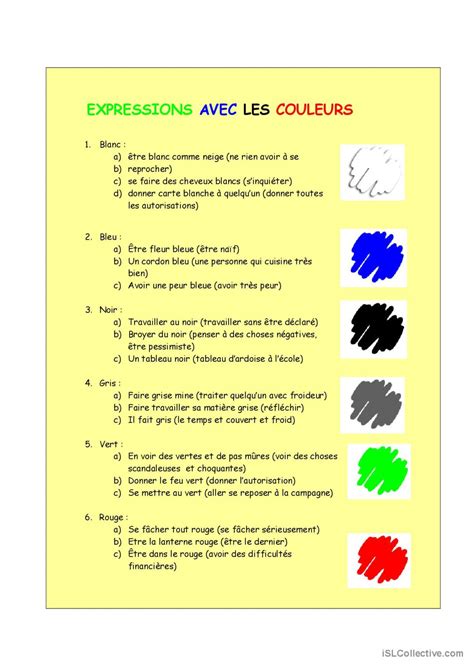 Expressions Et Couleurs Fran Ais Fle Fiches Pedagogiques Pdf Doc