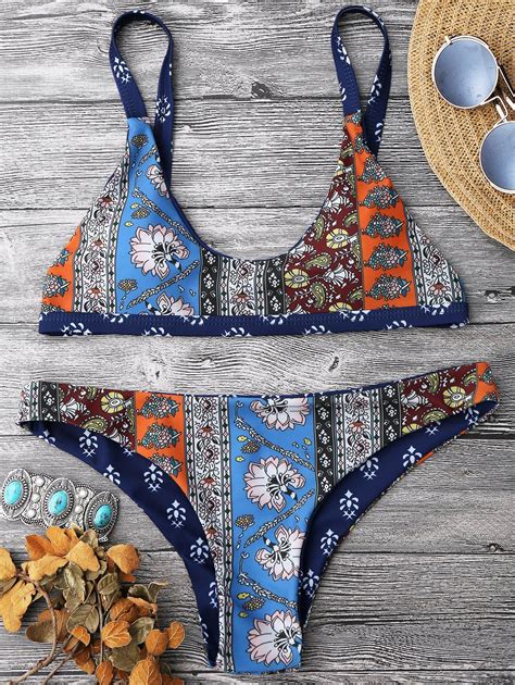 Off Patchwork Print Scoop Neck Bikini Set In Blue Dresslily