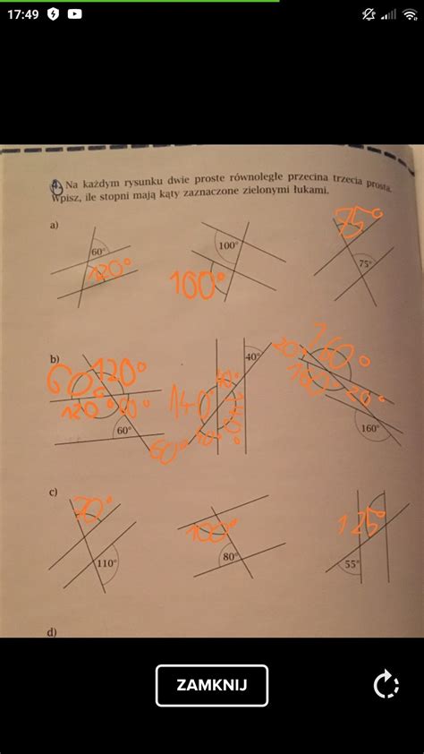 Na każdym rysunku dwie proste równoległy przecina trzecia prosta wpisz