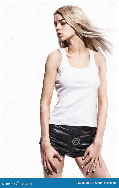 Portrait Of Beautiful Blonde In Leather Short Stock Image Image Of