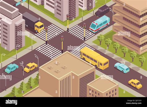 Road City Isometric Scenery With Birds Eye View Of Signalized