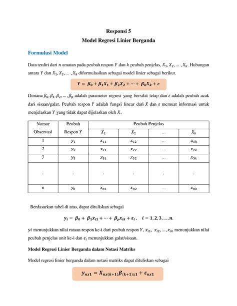 Modul Praktikum 5 Responsi 5 Model Regresi Linier Berganda Formulasi Model Data Terdiri Dari 𝑛