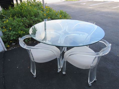 Mid Century Lucite Acrylic Round Glass Top Dining Table With Four Chairs 9189 By