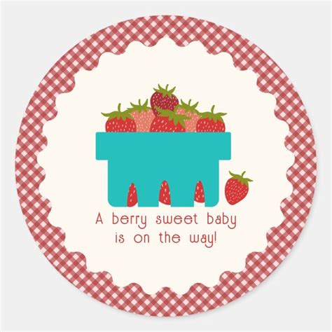 Strawberry Basket Gingham Berry Sweet Baby Shower Classic Round Sticker