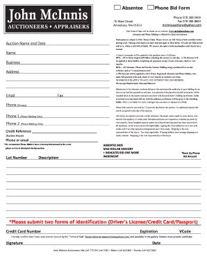 Fillable Online Absentee Phone Bid Form Mcinnisauctionscom Fax Email