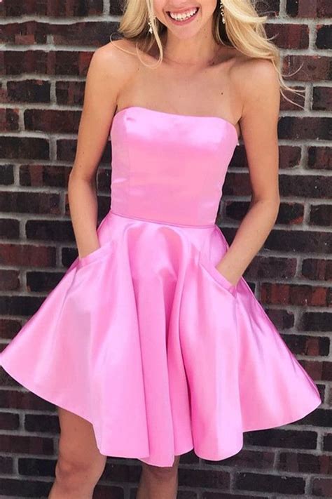 Strapless Pink Satin Short Prom Homecoming Dresses With Pocket Pink F