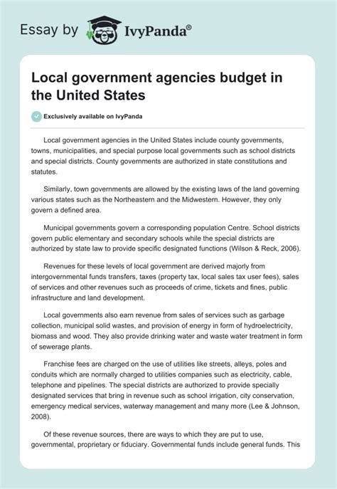 Local government agencies budget in the United States - 836 Words | Report Example