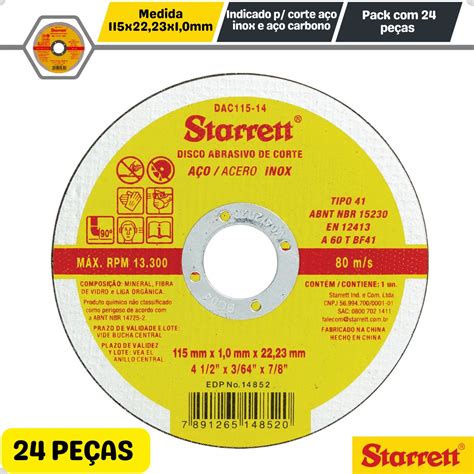 Kit 24 Discos De Corte Metal Inox 115x1 0x22 2mm Starret BASSOTTO