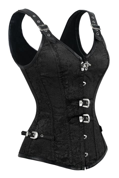 Kimring Women S Gothic Steampunk Jacquard Overbust Corset Vest With Buckles Black Leather