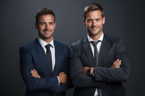 Premium Ai Image Two Men In Suits Standing Together Against A Dark