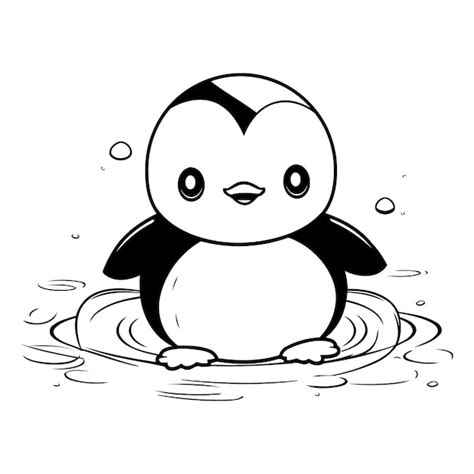 Pinguim Bonito Nadando Na Gua Ilustra O Vetorial Em Preto E Branco