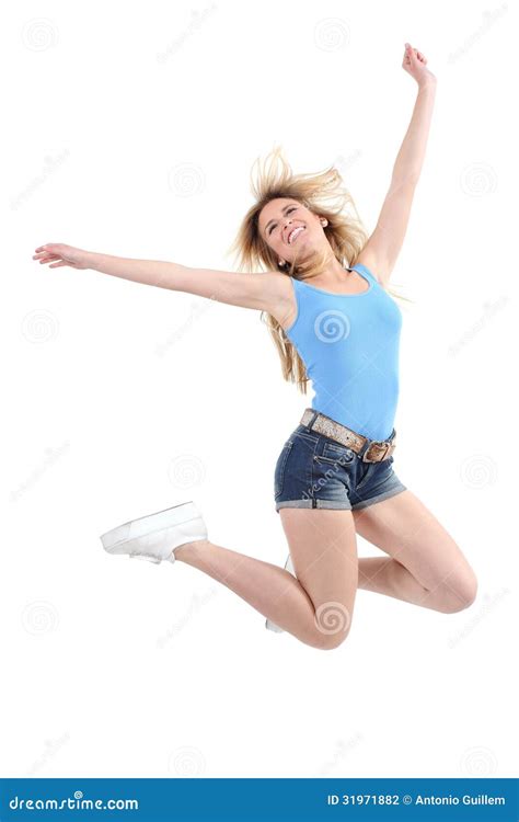 Casual Woman Jumping Excited Stock Photo Image Of Happiness Beauty