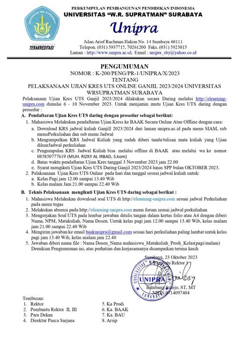 Pengumuman Pelaksanaan Ujian Kres UTS Semester Ganjil 2023 2024 UNIPRA