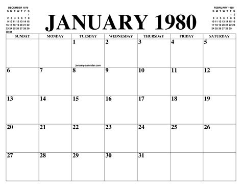 JANUARY 1980 CALENDAR OF THE MONTH: FREE PRINTABLE JANUARY CALENDAR OF ...
