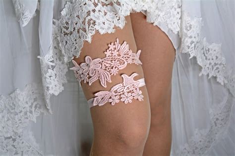 Rhinestone Wedding Garter Set Pink Lace Bridal Garters Pink Etsy