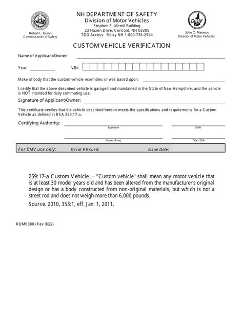 Form Rdmv380 Download Fillable Pdf Or Fill Online Custom Vehicle Verification New Hampshire