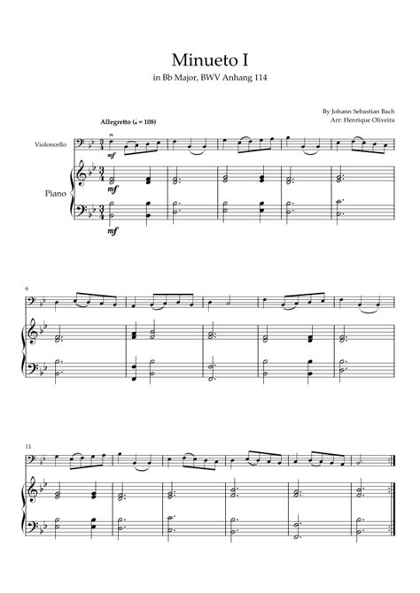 Minueto I In Bb Major Bwv Anhang Cello And Piano Sheet Music