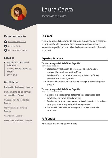 Ejemplos de Curriculum Vitae Técnico de seguridad Plantilla y 20