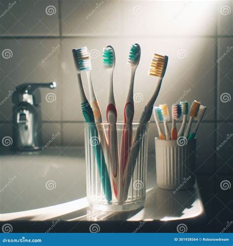 Set Of Toothbrushes Sit In Beaker Next To Bathroom Sink Royalty Free