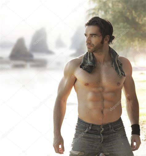 Hunk With Muscular Body Near A Beach Stock Photo Curaphotography