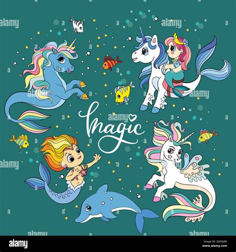 Conjunto De Lindos Caricaturas Mar Unicornios Sirenas Peces Y