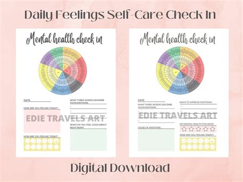 Mental Health Check In Daily Worksheet Feelings Wheel Pdf Printable Digital Download Self Care