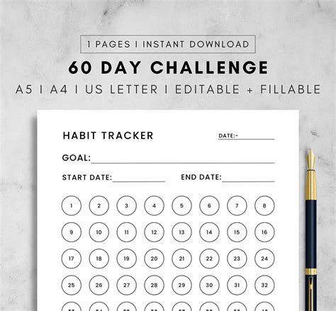 60 Day Challenge Goal Setting Progress Tracker Habit Forming A4 A5 Us Letter Printable