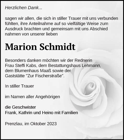 Traueranzeigen Von Marion Schmidt Trauer Nordkurier