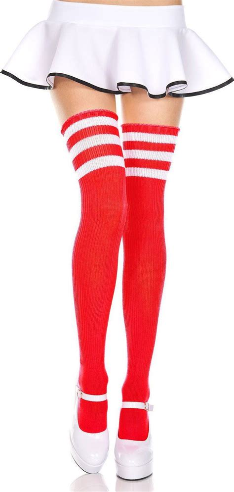 Music Legs Spandex Acrylic Red White Thigh High Striped Thigh High