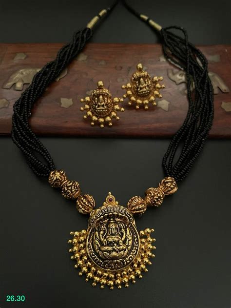 Stunning One Gram Gold Black Bead Choker With Antique Lakshmi Devi