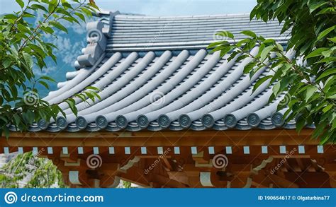 Classical Curved Gray Roof Of Gate To Japanese Zen Garden Stock Image