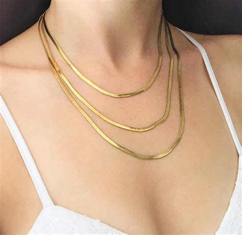 18K Gold Plated On Stainless Steel Herringbone Necklace Etsy