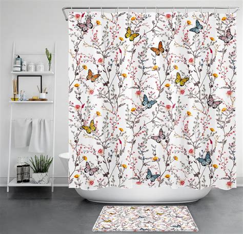 INPERCUST Vibrant Butterfly Shower Curtain With Botanical Red Floral