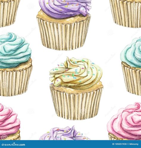 Watercolor Seamless Pattern With Multicolor Cupcakes With Cream Stock