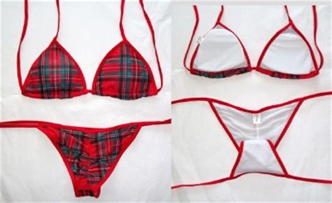 Scrunch Pucker Butt String Bikini Red Plaid Tartan Lined Padded