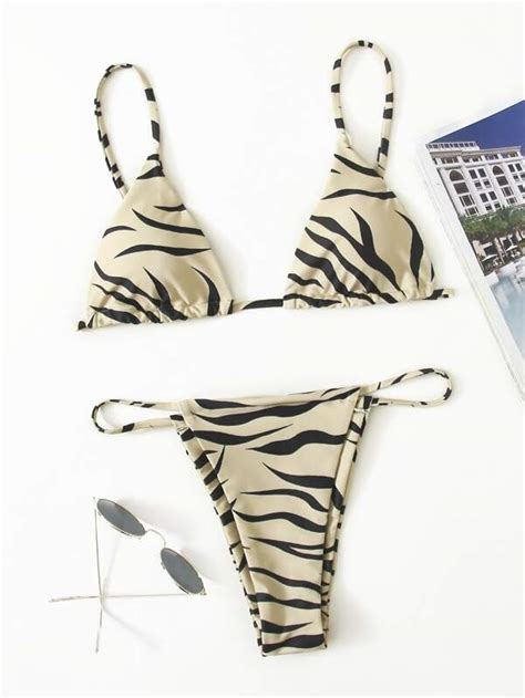 Shein Swim Vcay Zebra Stripe Bikini Set Triangle Bra Cheeky Piece