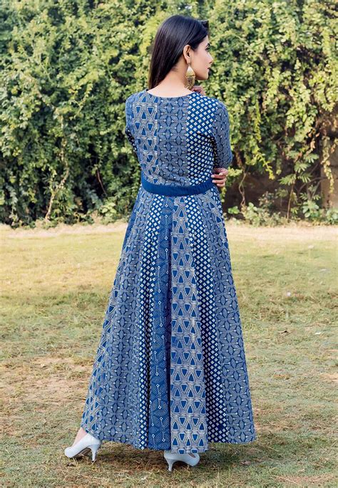 Buy Block Printed Cotton Anarkali Kurta In Indigo Blue Online Tqm481