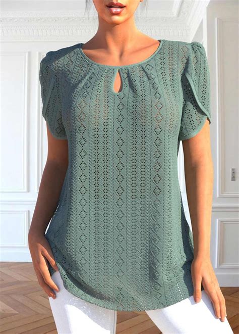 ROTITA Cut Out Sage Green Round Neck T Shirt Stylish Tops For Women