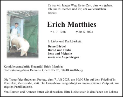 Traueranzeigen Von Erich Matthies Trauer Anzeigen De