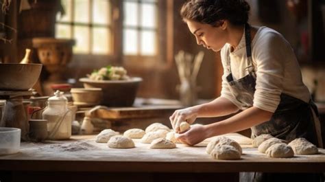 Premium Ai Image A Woman Is Kneading Dough On A Table Ai