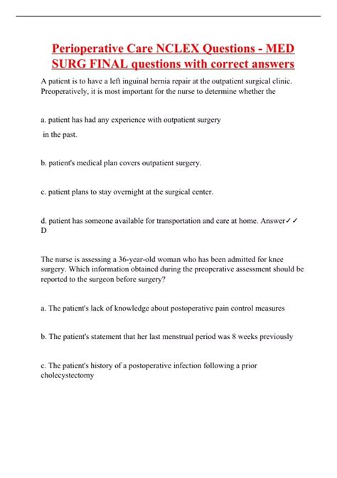 Perioperative Care Nclex Questions Med Surg Final Questions With