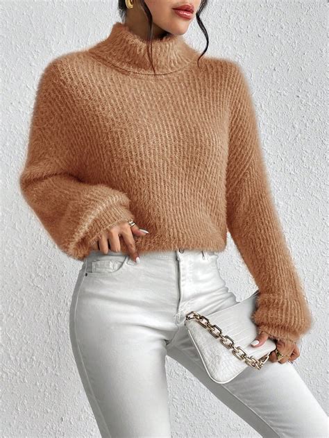 Shein Essnce Turtleneck Drop Shoulder Fuzzy Sweater Shein Usa