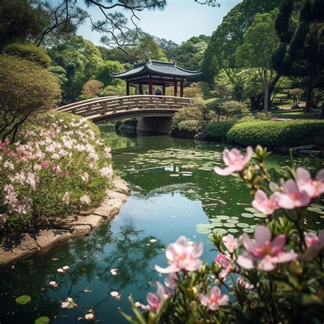 Un Puente Sobre Un Estanque Con Flores Rosas Y Un Puente Al Fondo