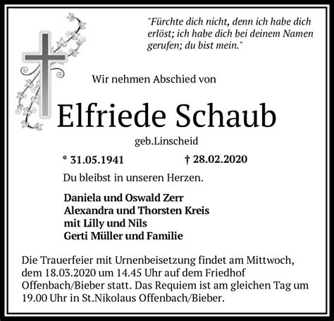 Traueranzeigen Von Elfriede Schaub Trauer Op Online De