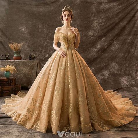 Luxury Gorgeous Gold Wedding Dresses Ball Gown Off The Shoulder