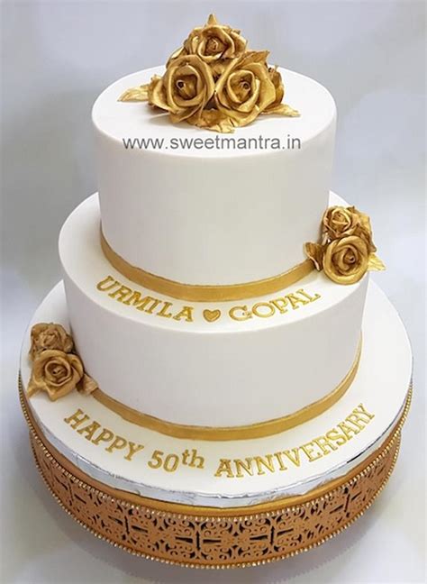 White And Gold Theme 2 Tier Cake For 50th Anniversary Cakesdecor